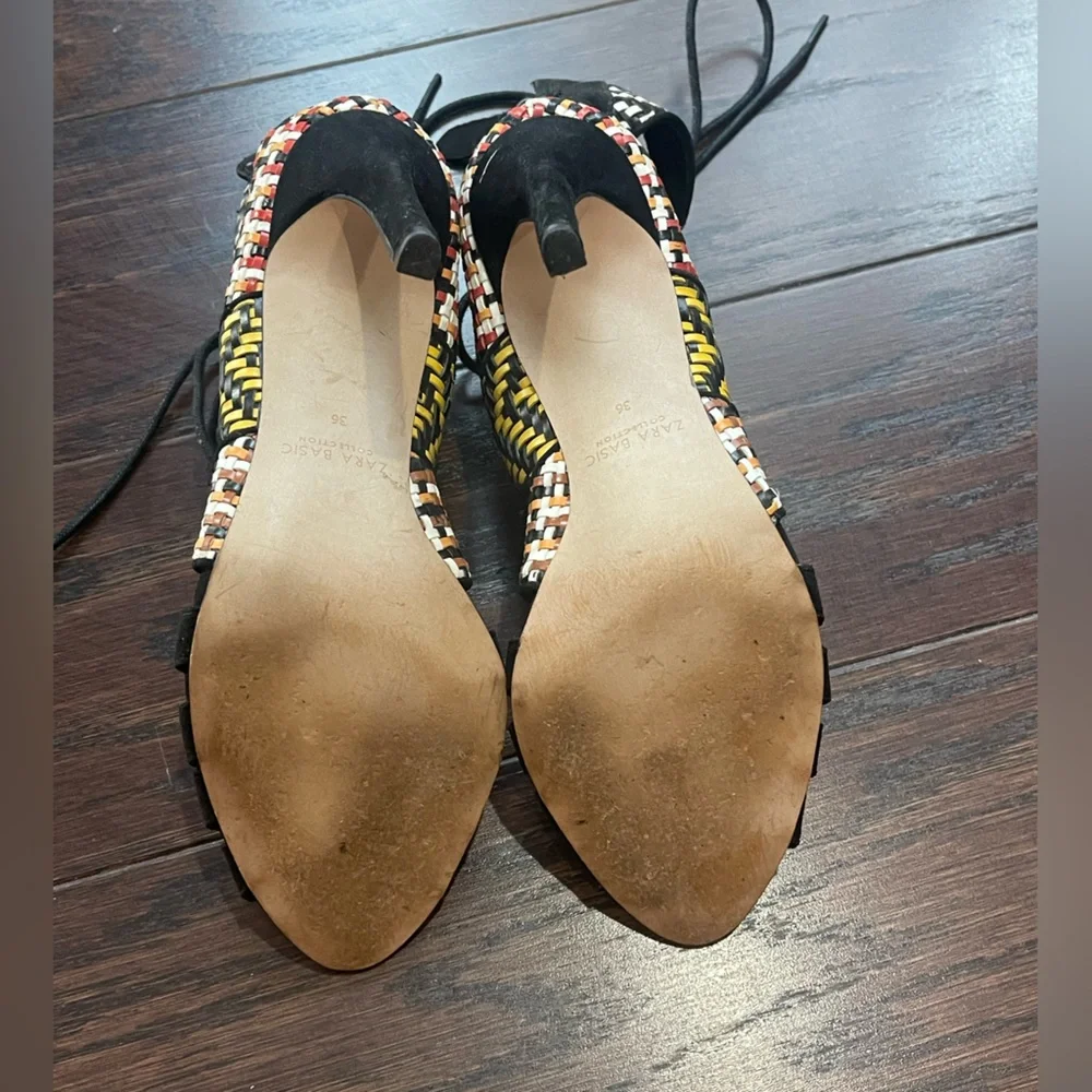 ZARA Women Lace Up Heels Black Aztec Woven Stilettos Sandals Size 36 /5.5